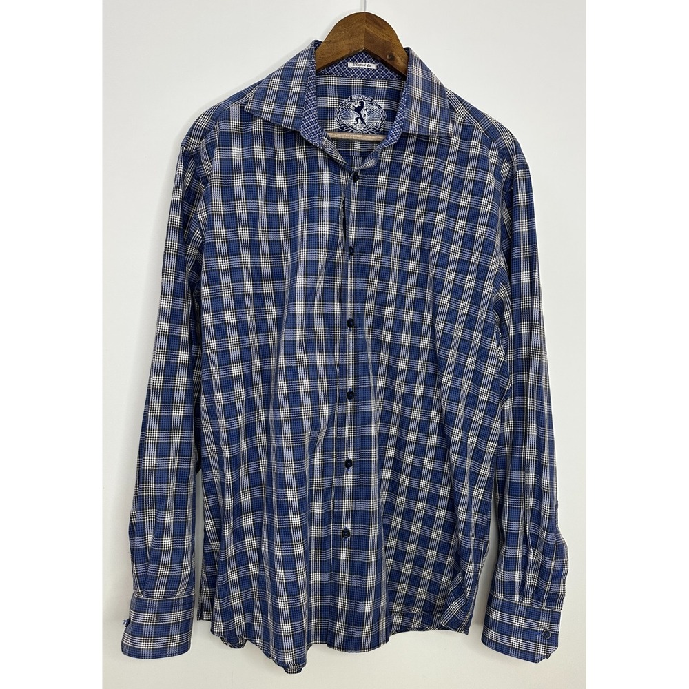 Bugatchi Shaped Fit Plaid Button Down Shirt Blue White Men's Size Large Cotton - Picture 3 of 10